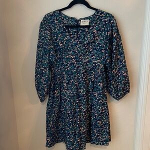MIRTH Cotton–Silk Floral Mini Dress – Navy/Teal/Blush – Size S